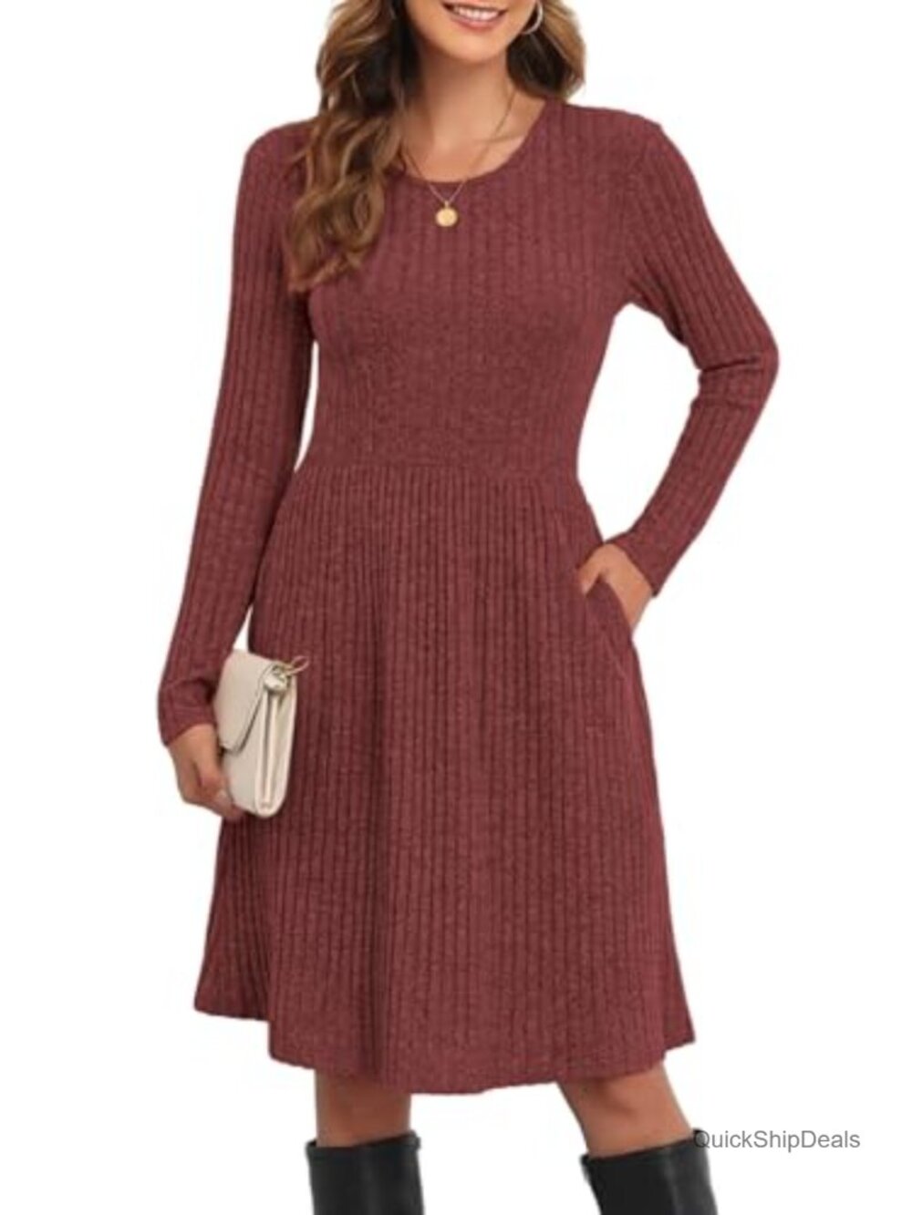 Long Sleeve A-Line Sweater Dress with Pockets Textured Knit